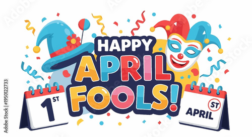 Colorful april fools' day celebration with confetti and jester hat on calendar