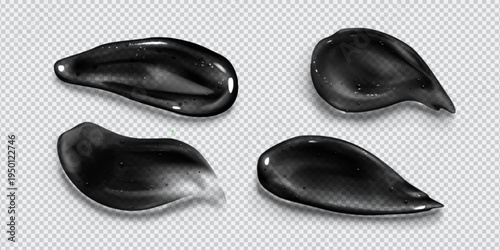 Black cosmetic cream texture, charcoal clay mask smear, realistic vector illustration isolated on transparent background. Skincare gel product swatch, beauty treatment and facial care routine.