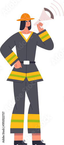 Female firefighter wearing uniform holding a megaphone