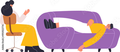 Psychologist counseling patient lying on couch during therapy session