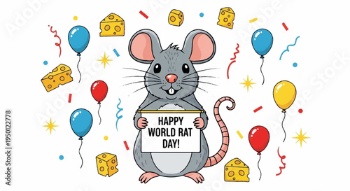 Happy world rat day celebration with colorful balloons and cheese slices