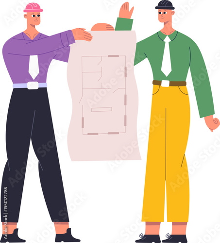 Engineers discussing blueprint showing building construction plan