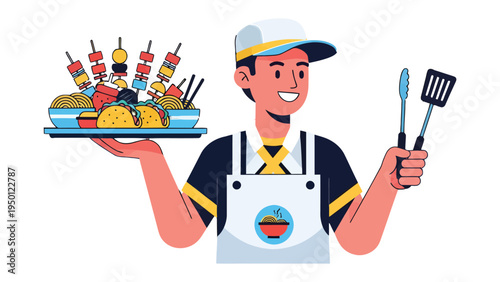 Culinary Artisan with Delightful Dishes: A culinary artisan proudly presents a tray laden with an array of delectable food, ready to serve, embodying passion and culinary skill. 