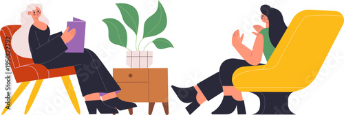 Women talking during therapy session with psychologist