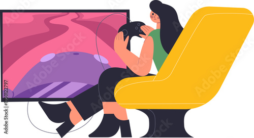 Woman playing video game sitting in yellow armchair