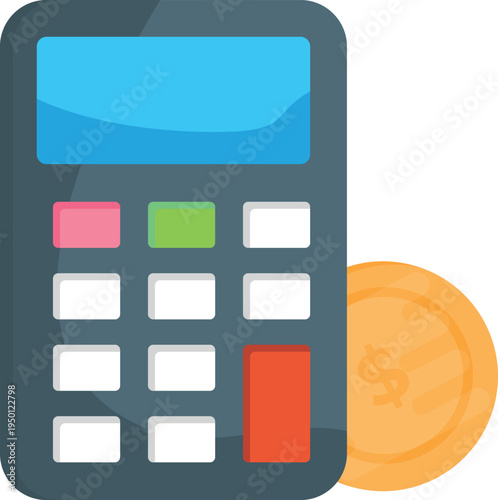 Calculator and coin clipart, illustrating financial calculations and currency management.