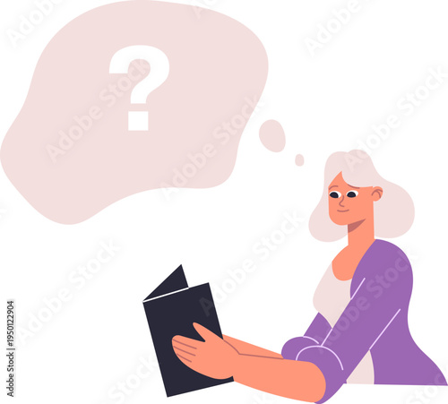 Woman reading book having multiple questions in thought bubble