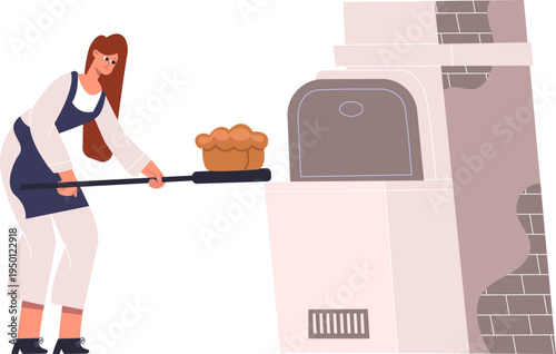 Baker baking fresh pie in traditional brick oven