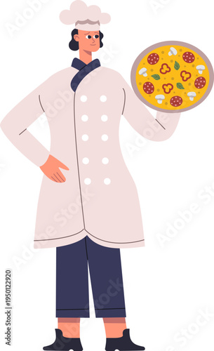 Professional chef holding fresh baked pizza restaurant