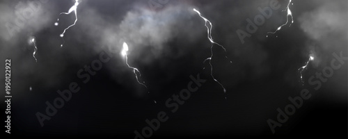 Thunderbolt and lightning strike through stormy dark clouds, realistic vector background. Atmospheric banner with dramatic powerful bolts glowing in the night sky, bad weather illustration, hurricane