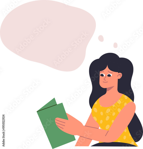 Woman reading book having thoughts and ideas