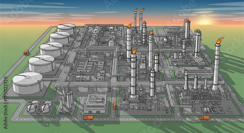 Complex Industrial Plant with Tanks and Towers at Sunset.