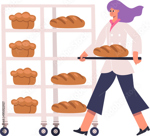 Baker placing fresh bread on a bakery rack