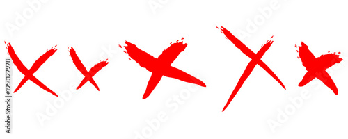 Hand drawn brush stroke red cross mark and X mark. Paintbrush cross, ban, refusal, answer in test. Strikethrough text and important objects. Stock vector illustration isolated on white background.