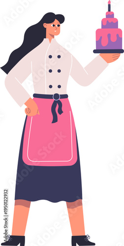 Female baker holding tiered birthday cake