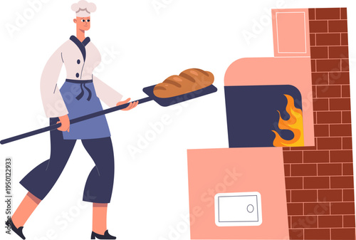 Chef baking fresh bread loaf in brick oven