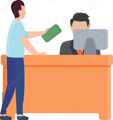 A man is positioned at a desk, with a green bag placed beside him, appearing engaged in work.