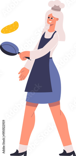 Chef woman flipping pancake in a frying pan