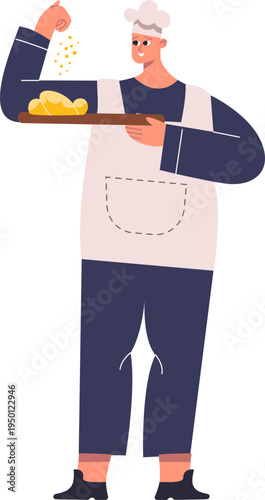 Chef sprinkling ingredients on fresh baked pastry