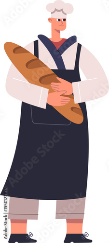 Baker holding fresh baguette, representing artisan bread