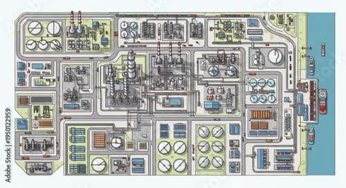 Detailed Overhead View of a Large Industrial Complex Layout.