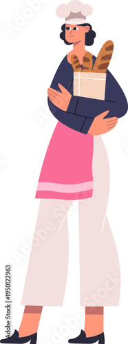 Female baker holding fresh baked baguettes