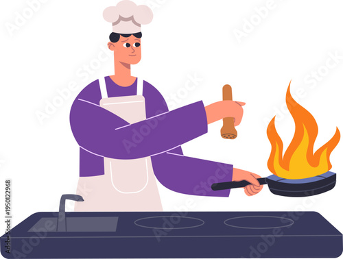 Chef having kitchen accident with pan catching fire