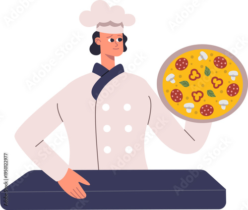 Chef holding traditional delicious pizza ready to serve
