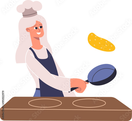 Smiling woman chef tossing pancake in frying pan