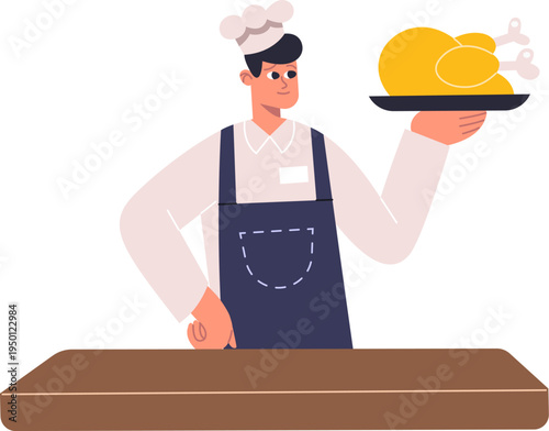 Chef in uniform serving roasted poultry on platter