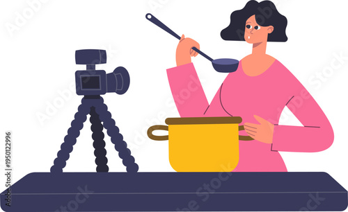 Woman vlogging cooking recipe for online content