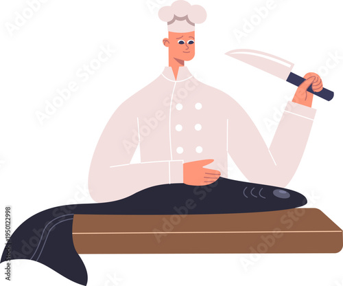 Chef preparing fish on cutting board with knife