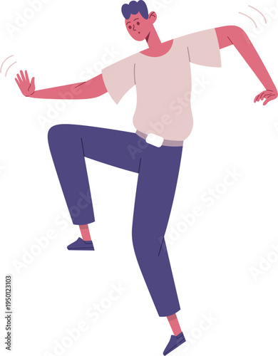 Young man performing stopping gesture while balancing