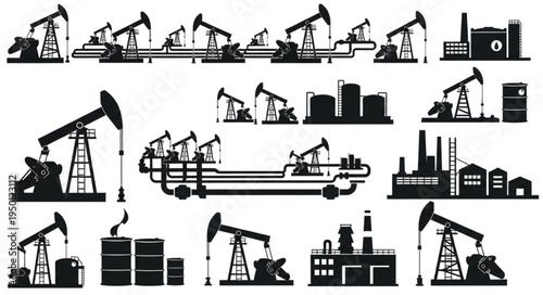 Silhouette Oil Industry Collection - Pumps, Refineries, and Storage Tanks.