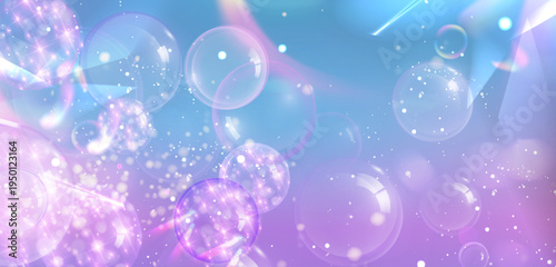 Transparent soap bubbles on pink and blue gradient background. Vector realistic illustration of iridescent rainbow effects with 3D glossy water spheres, shampoo, cosmetic bath product, dreamy design
