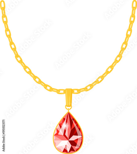 Gold chain necklace holding a precious red gemstone pendant