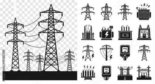Silhouette of High Voltage Power Lines and Electrical Substations.