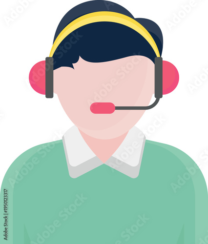 Avatar of a call center agent wearing a headset, smiling, with a professional appearance in a virtual office setting.
