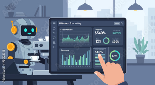 A friendly robot serves coffee next to a tablet displaying AI demand forecasting data and charts in a modern office setting.
