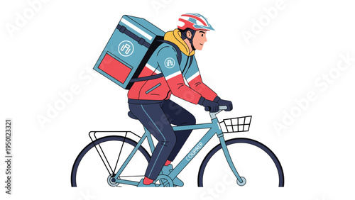 Speedy Delivery: A cyclist, geared up for quick food delivery, swiftly pedals on his bike with a thermal bag, embodying speed and service.