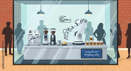 A robotic arm precisely crafts a latte behind a glass display, showcasing automated coffee preparation with baristas observing.