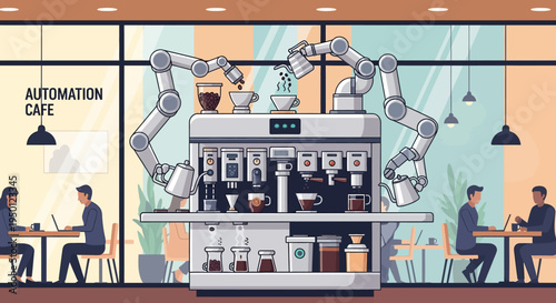 Robotic arms expertly prepare coffee drinks behind a futuristic automated coffee machine in a modern cafe setting.