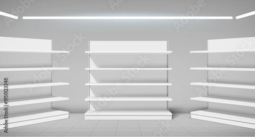 3D supermarket shelves mockup with realistic white display stand, vector background. Empty wooden retail store interior with tile floor and ceiling lights, product placement, commercial merchandising