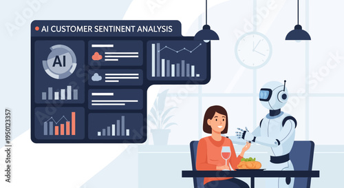 AI customer sentiment analysis dashboard with a robot serving a woman at a table, illustrating advanced technology in customer service.