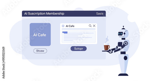 A friendly robot offers a cup of coffee next to a digital interface displaying AI subscription membership options for an AI Cafe.