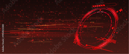 Futuristic HUD interface frame with glitch effect on red warning display background. Vector realistic illustration of cyberpunk data breach screen, abstract neon tech wallpaper, hacker attack concept