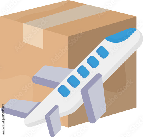 An airplane rests on top of a large cardboard box, showcasing an unusual juxtaposition of travel and packaging.