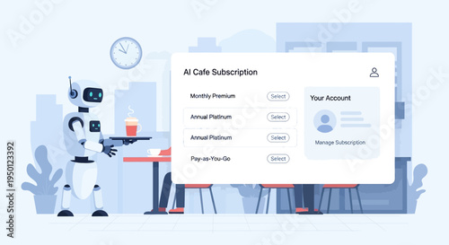 A friendly robot barista serves coffee and displays subscription options on a digital interface in a modern cafe setting.