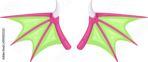Pair of cartoon dragon wings with horns fantasy concept