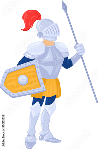 Medieval knight wearing shining armor holding spear and shield